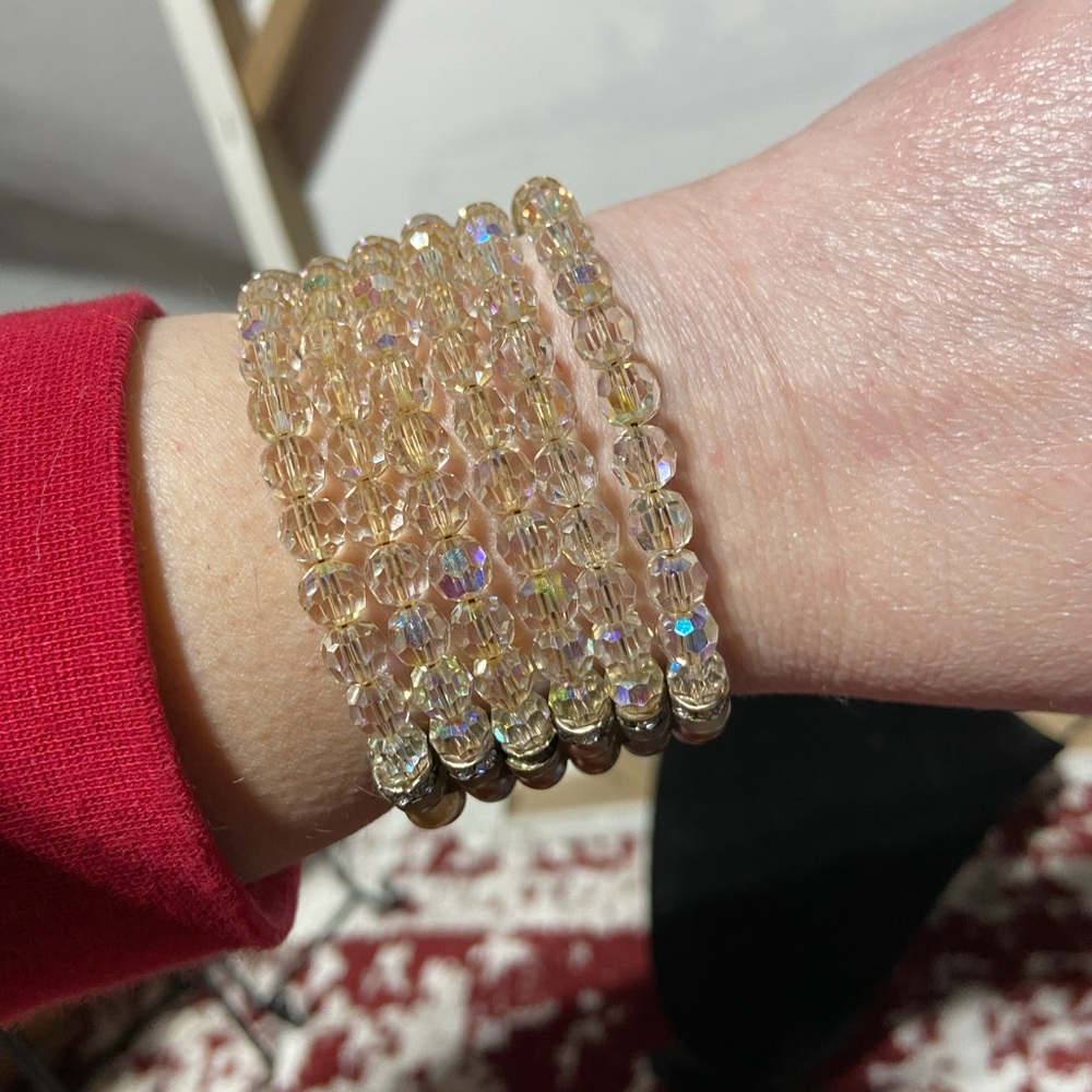 VTG Cuff Bracelet With Faceted AB Beads, Faux Pearls and Rhinestone Spacers
